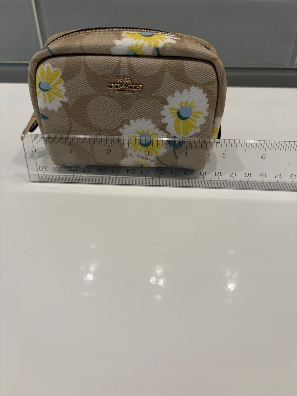 Coach Beige Floral Signature Cosmetic Pouch with Yellow Accents - Picture 7 of 8